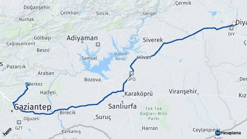 Gaziantep Yavuzeli Diyarbakır Arası Kaç Km - Yol Haritası