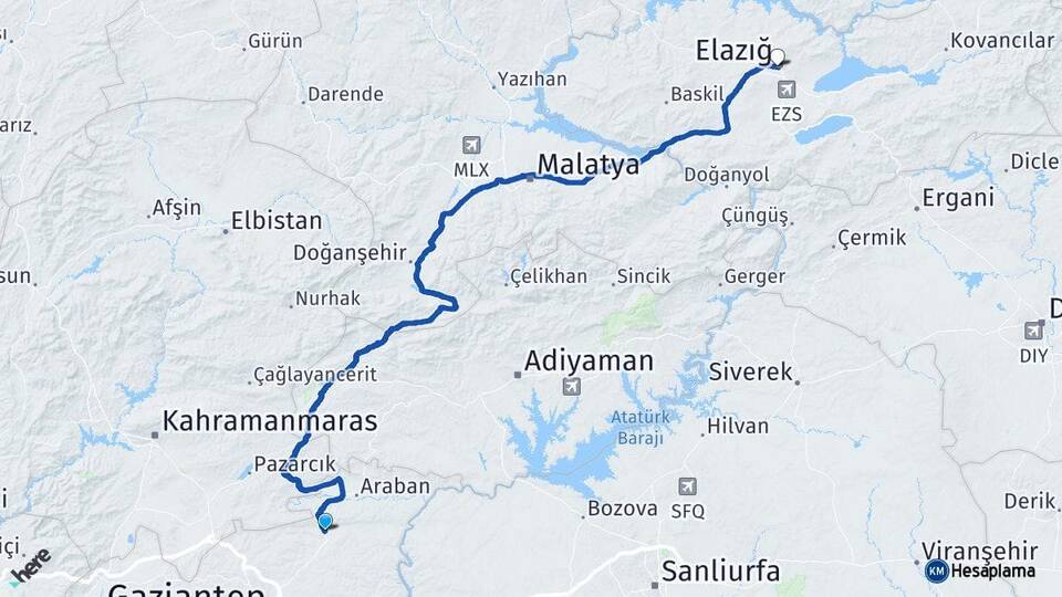 Gaziantep Yavuzeli Elazığ Arası Kaç Km - Yol Haritası