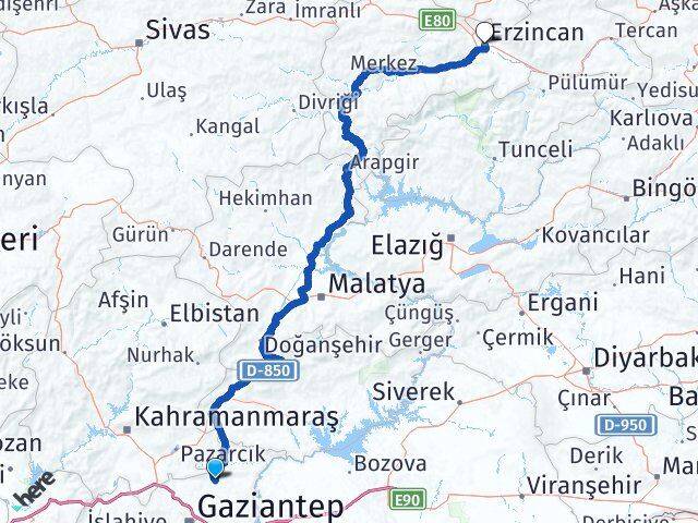 Gaziantep Yavuzeli Erzincan Arası Kaç Km - Yol Haritası