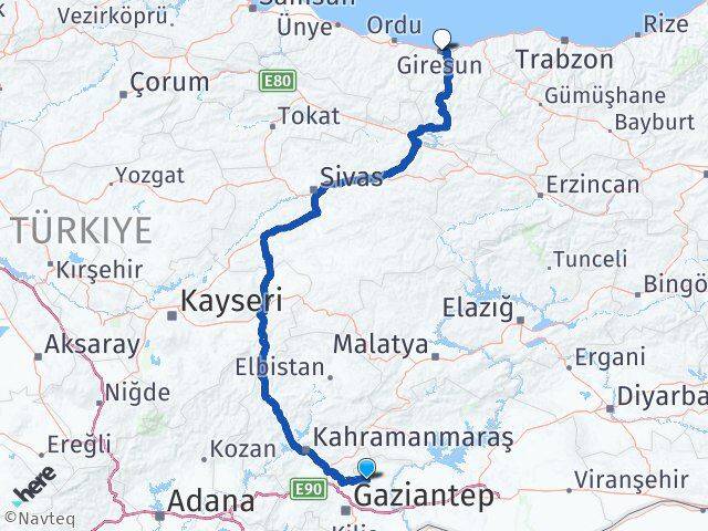 Gaziantep Yavuzeli Giresun Arası Kaç Km - Yol Haritası