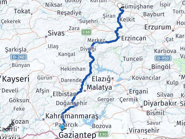Gaziantep Yavuzeli Gümüşhane Arası Kaç Km - Yol Haritası