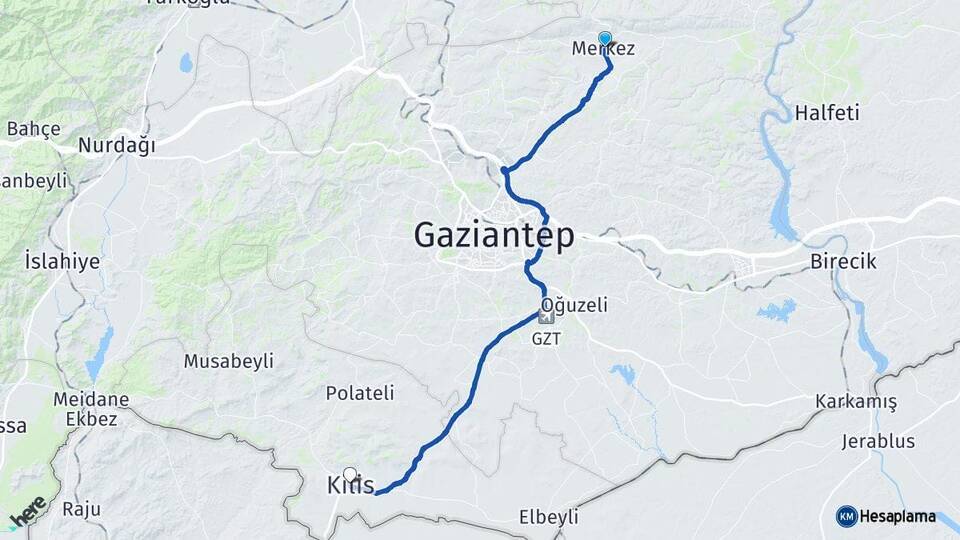 Gaziantep Yavuzeli Kilis Arası Kaç Km - Yol Haritası