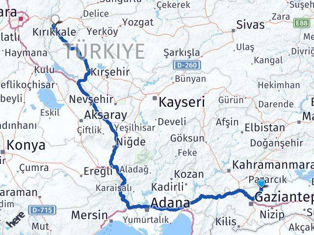 Gaziantep Yavuzeli Kırıkkale Arası Kaç Km - Yol Haritası