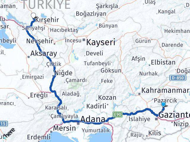 Gaziantep Yavuzeli Kırşehir Arası Kaç Km - Yol Haritası