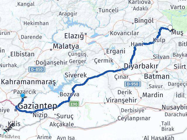 Gaziantep Yavuzeli Muş Arası Kaç Km - Yol Haritası