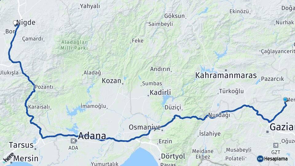Gaziantep Yavuzeli Niğde Arası Kaç Km - Yol Haritası