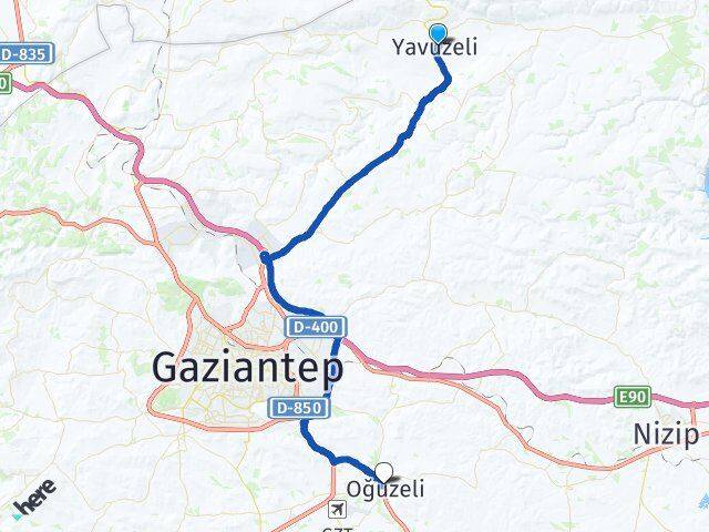 Gaziantep Yavuzeli Oğuzeli Arası Kaç Km - Yol Haritası