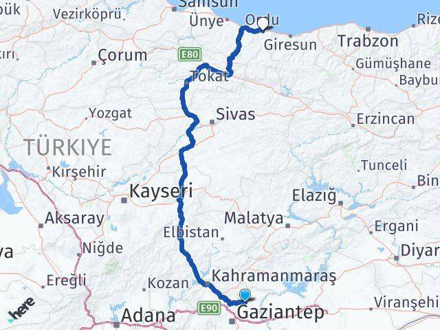 Gaziantep Yavuzeli Ordu Arası Kaç Km - Yol Haritası