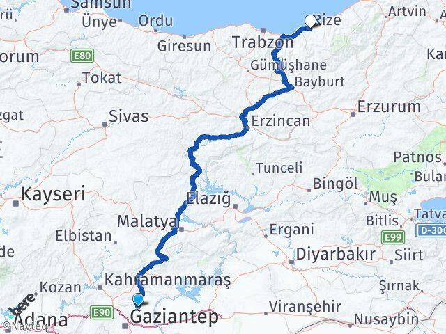 Gaziantep Yavuzeli Rize Arası Kaç Km - Yol Haritası