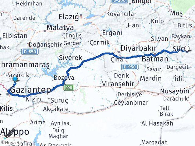 Gaziantep Yavuzeli Siirt Arası Kaç Km - Yol Haritası