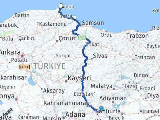 Gaziantep Yavuzeli Sinop Arası Kaç Km - Yol Haritası