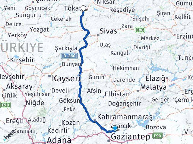 Gaziantep Yavuzeli Tokat Arası Kaç Km - Yol Haritası