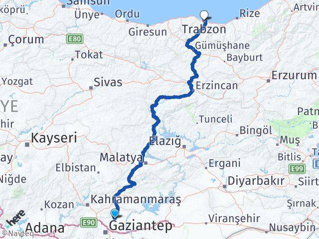 Gaziantep Yavuzeli Trabzon Arası Kaç Km - Yol Haritası