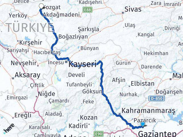 Gaziantep Yavuzeli Yozgat Arası Kaç Km - Yol Haritası