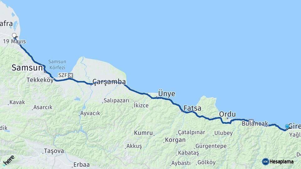 Giresun 19 Mayıs Samsun Arası Kaç Km - Yol Haritası