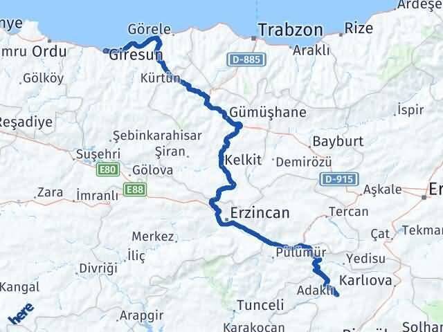 Giresun Adaklı Bingöl Arası Kaç Km - Yol Haritası