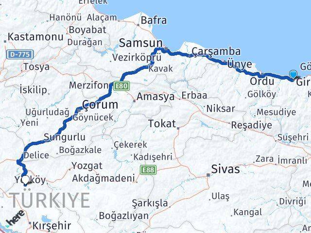Giresun Akçakent Kırşehir Arası Kaç Km - Yol Haritası
