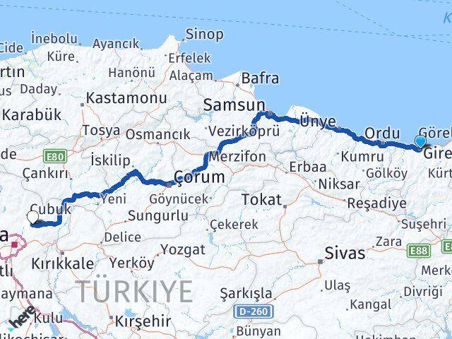 Giresun Akyurt Ankara Arası Kaç Km - Yol Haritası