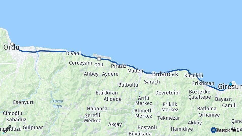 Giresun Altınordu Arası Kaç Km - Yol Haritası
