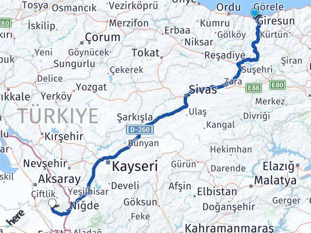 Giresun Altunhisar Niğde Arası Kaç Km - Yol Haritası