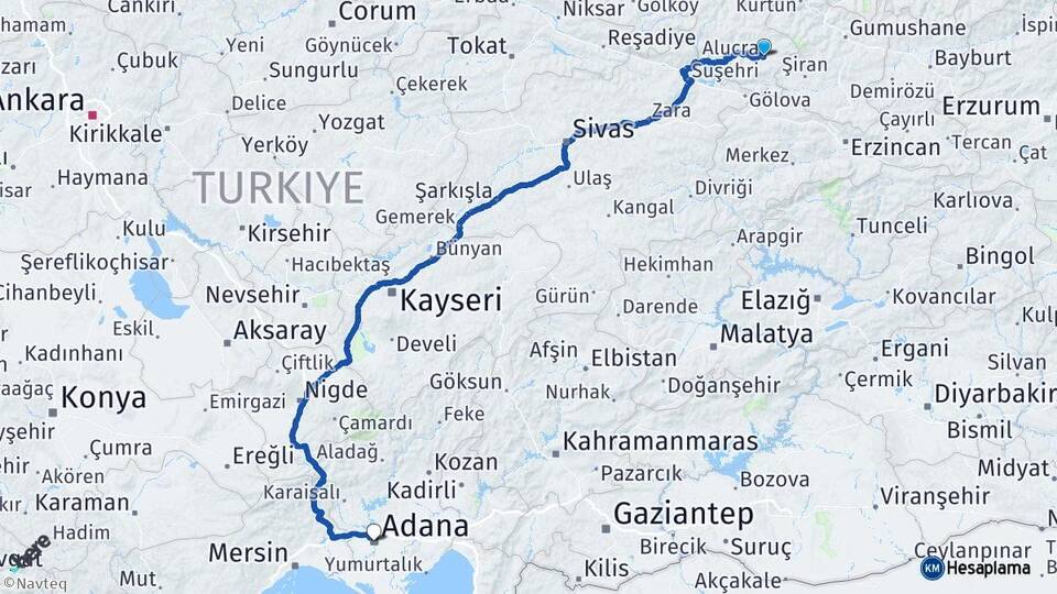 Giresun Alucra Adana Arası Kaç Km - Yol Haritası