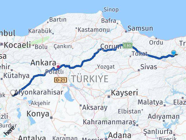 Giresun Alucra Afyonkarahisar Arası Kaç Km - Yol Haritası