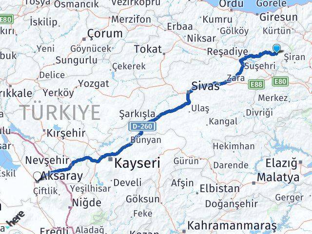 Giresun Alucra Aksaray Arası Kaç Km - Yol Haritası