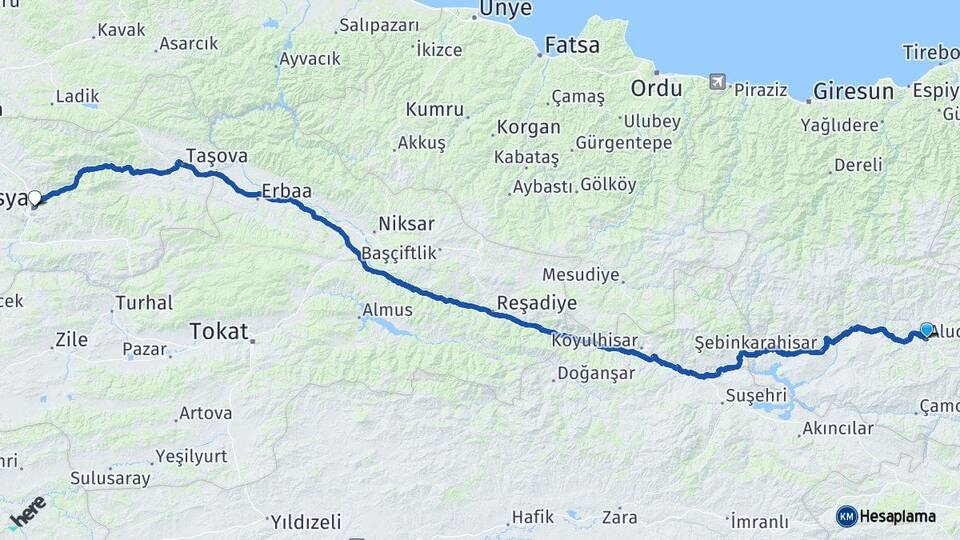 Giresun Alucra Amasya Arası Kaç Km - Yol Haritası