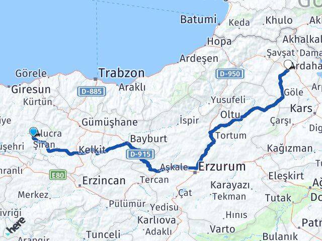 Giresun Alucra Ardahan Arası Kaç Km - Yol Haritası