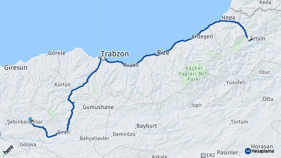 Giresun Alucra Artvin Arası Kaç Km - Yol Haritası