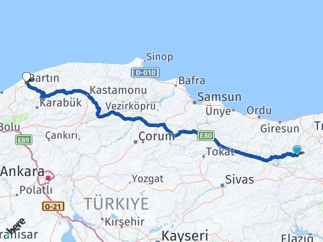 Giresun Alucra Bartın Arası Kaç Km - Yol Haritası