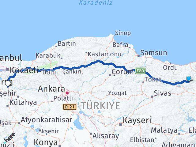 Giresun Alucra Bilecik Arası Kaç Km - Yol Haritası