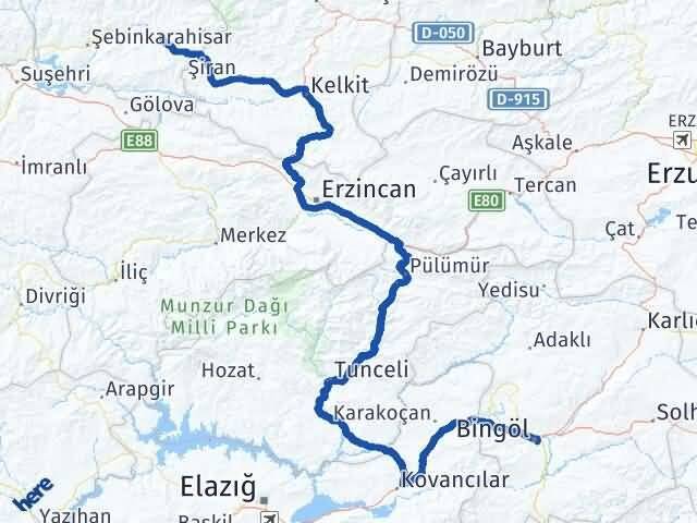 Giresun Alucra Bingöl Arası Kaç Km - Yol Haritası