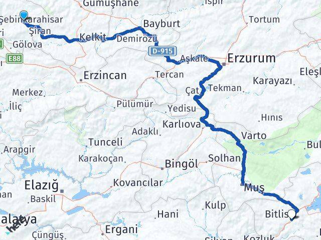 Giresun Alucra Bitlis Arası Kaç Km - Yol Haritası