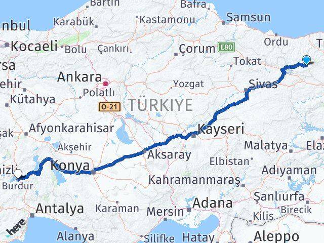 Giresun Alucra Burdur Arası Kaç Km - Yol Haritası
