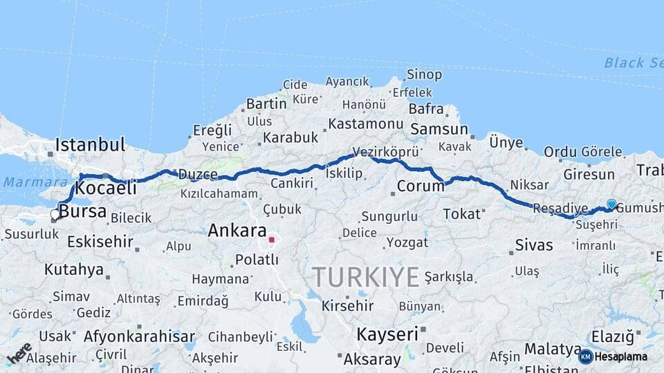 Giresun Alucra Bursa Arası Kaç Km - Yol Haritası