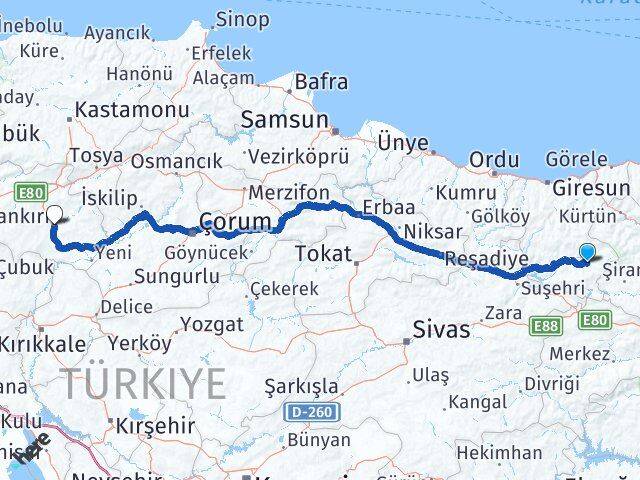 Giresun Alucra Çankırı Arası Kaç Km - Yol Haritası