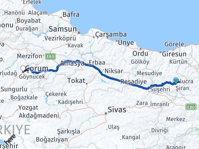 Giresun Alucra Çorum Arası Kaç Km - Yol Haritası