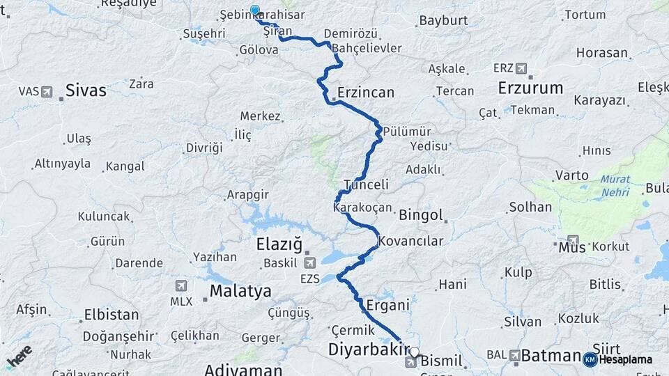 Giresun Alucra Diyarbakır Arası Kaç Km - Yol Haritası
