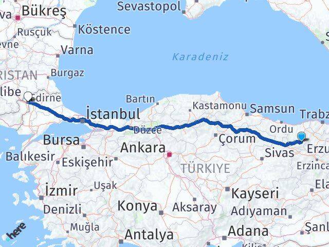 Giresun Alucra Edirne Arası Kaç Km - Yol Haritası