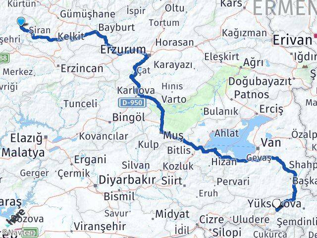 Giresun Alucra Hakkari Arası Kaç Km - Yol Haritası