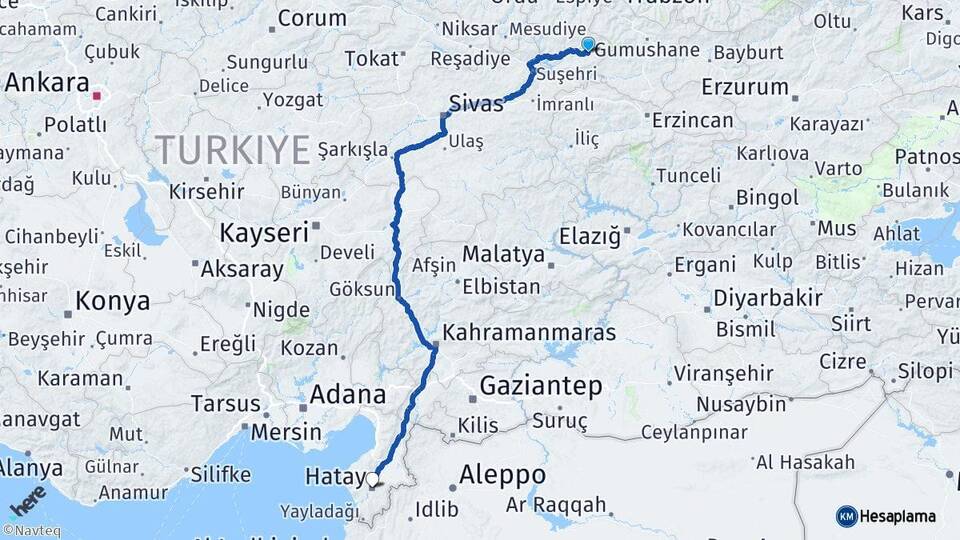 Giresun Alucra Hatay Arası Kaç Km - Yol Haritası