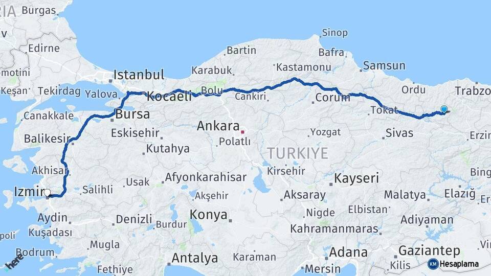 Giresun Alucra İzmir Arası Kaç Km - Yol Haritası