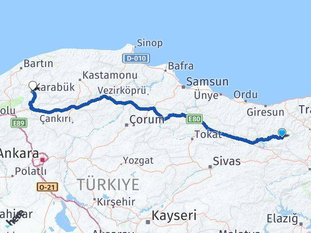 Giresun Alucra Karabük Arası Kaç Km - Yol Haritası