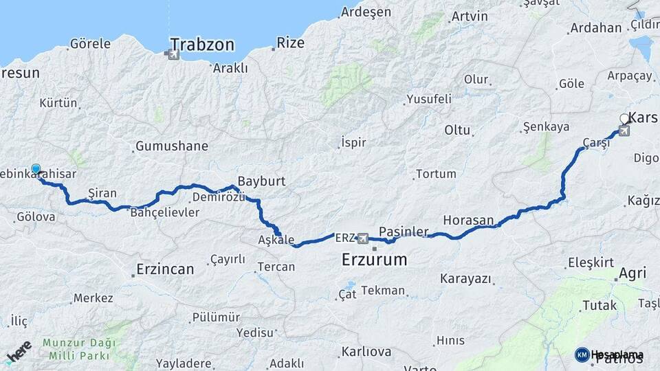 Giresun Alucra Kars Arası Kaç Km - Yol Haritası