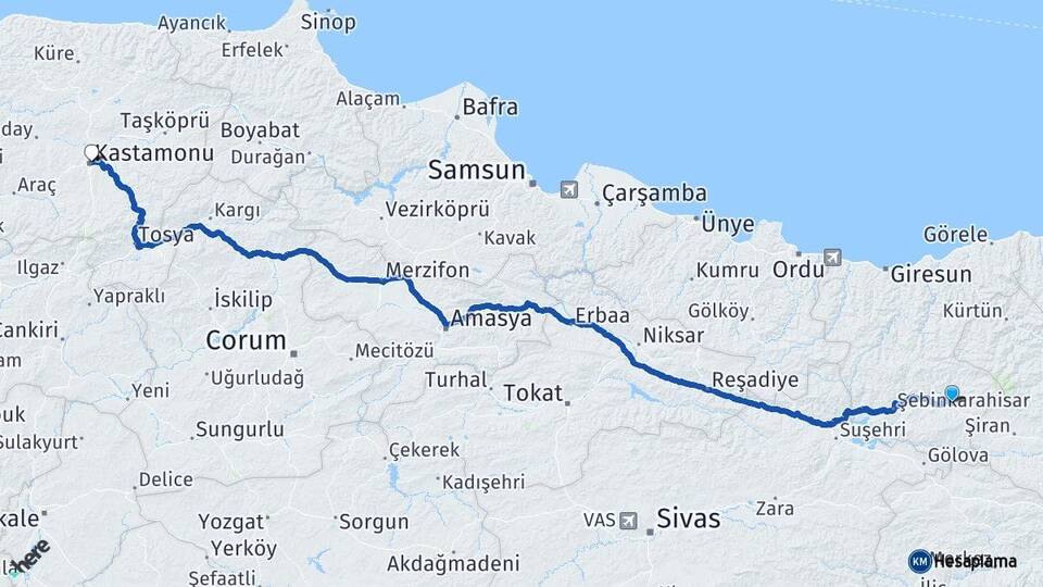 Giresun Alucra Kastamonu Arası Kaç Km - Yol Haritası