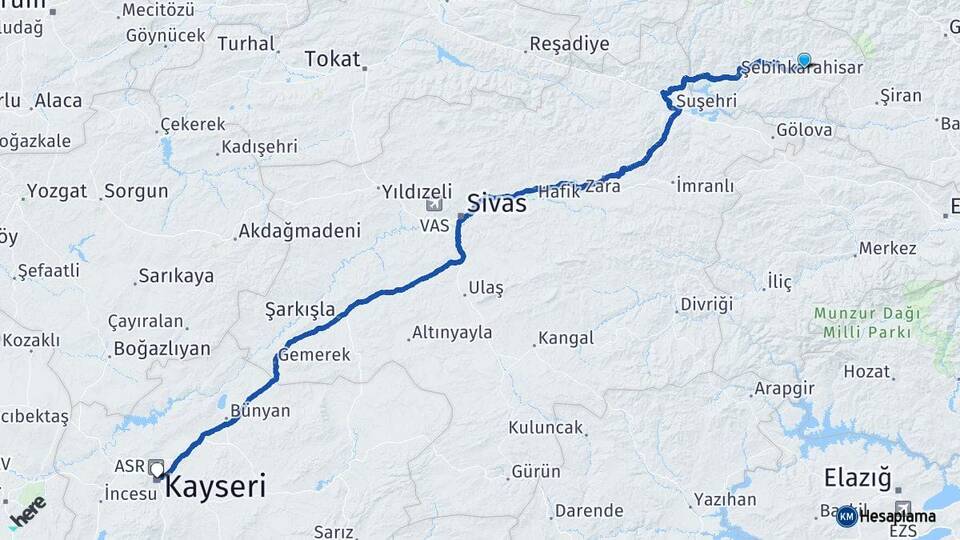 Giresun Alucra Kayseri Arası Kaç Km - Yol Haritası