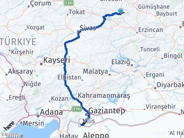 Giresun Alucra Kilis Arası Kaç Km - Yol Haritası
