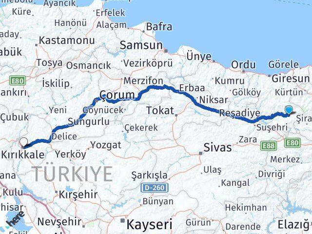 Giresun Alucra Kırıkkale Arası Kaç Km - Yol Haritası