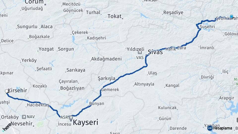 Giresun Alucra Kırşehir Arası Kaç Km - Yol Haritası